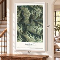 Vansant, Virginia map, 24 x 36 inch print in a white frame by a staircase
