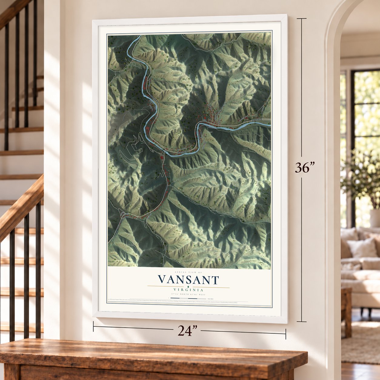 Vansant, Virginia map, 24 x 36 inch print in a white frame by a staircase