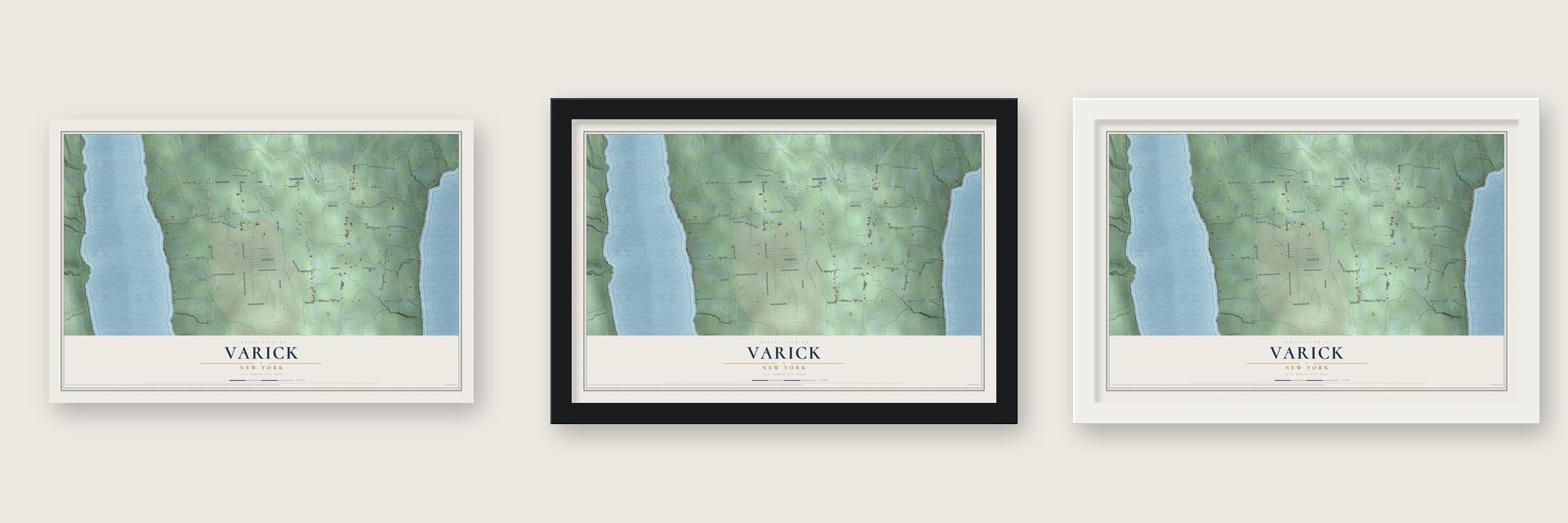 Varick, New York map unframed, in a black wood frame and in a white wood frame