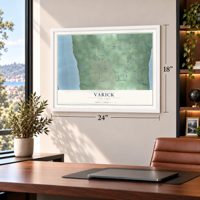 Varick, New York map, 18 x 24 inch print in a white frame in a home office