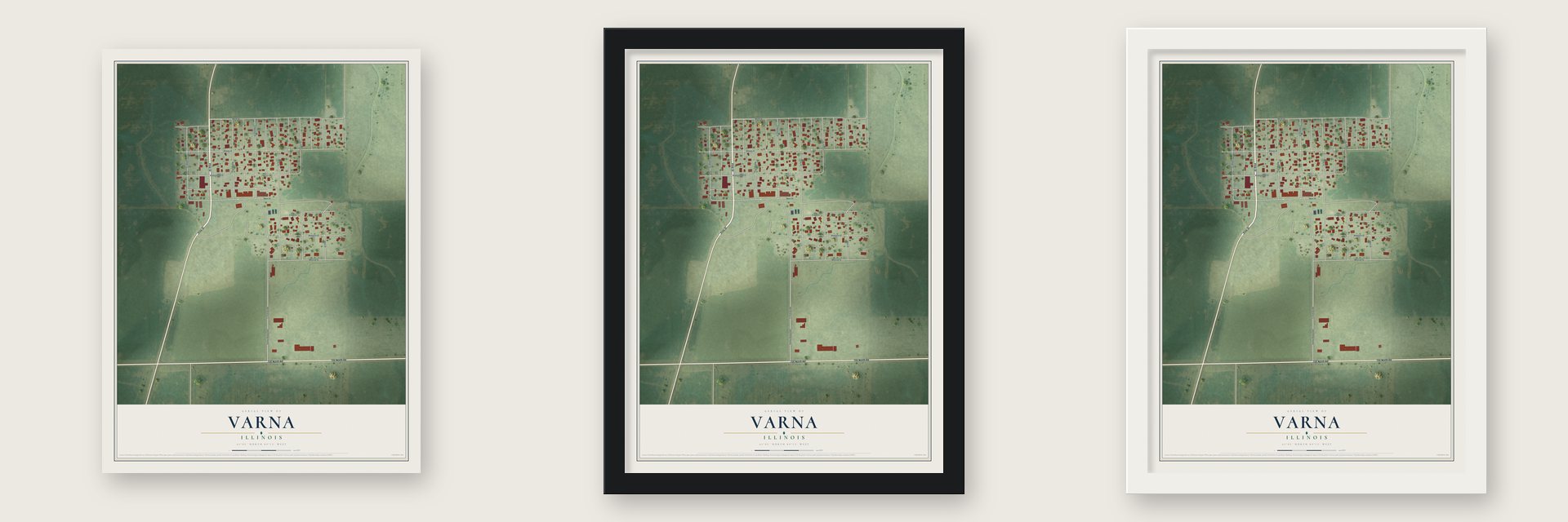 Varna, Illinois map unframed, in a black wood frame and in a white wood frame