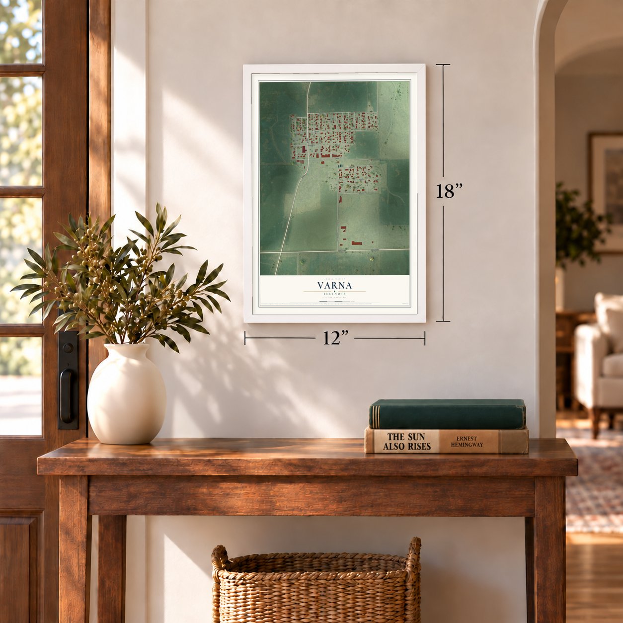 Varna, Illinois map, 12 x 18 inch print in a white frame in an entryway