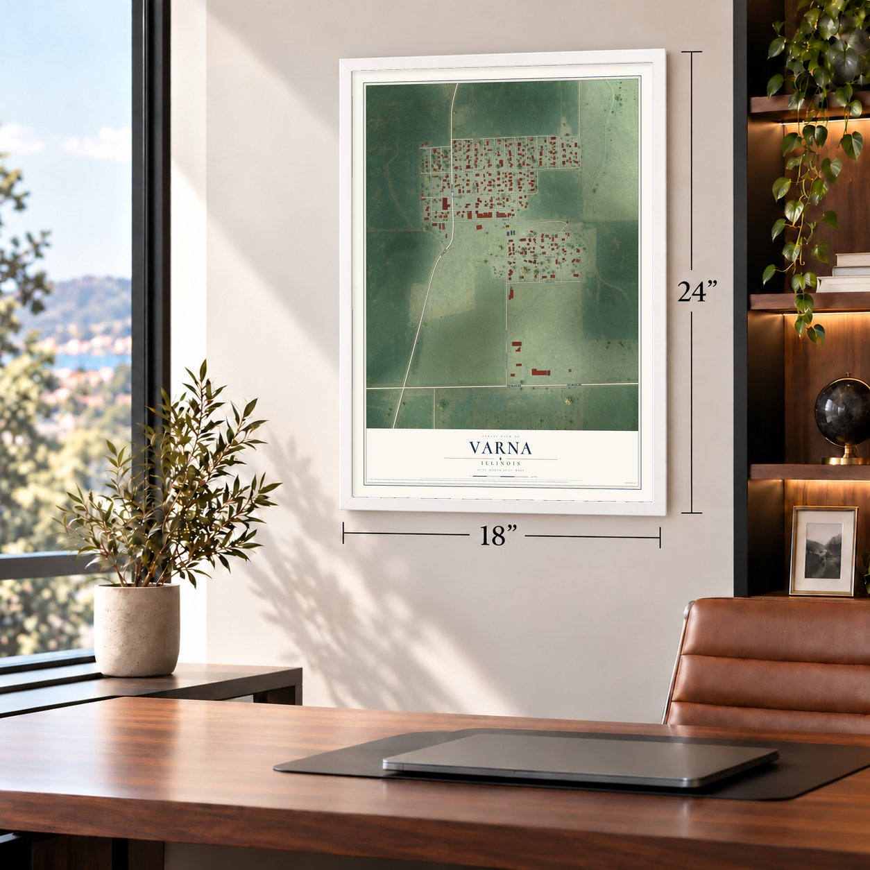 Varna, Illinois map, 18 x 24 inch print in a white frame in a home office