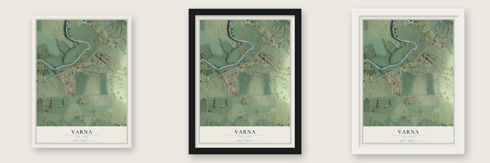 Varna, New York map unframed, in a black wood frame and in a white wood frame