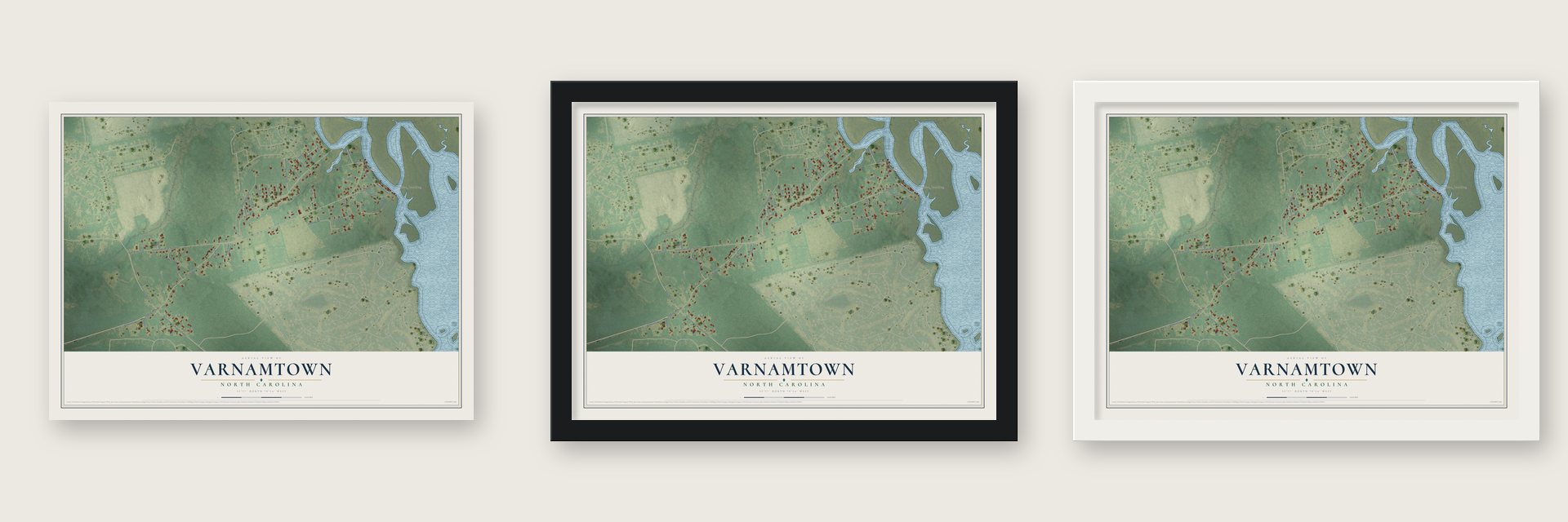Varnamtown, North Carolina map unframed, in a black wood frame and in a white wood frame
