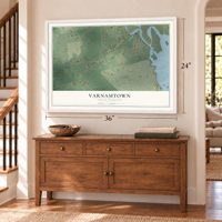 Varnamtown, North Carolina map, 24 x 36 inch print in a white frame above a dresser by a staircase
