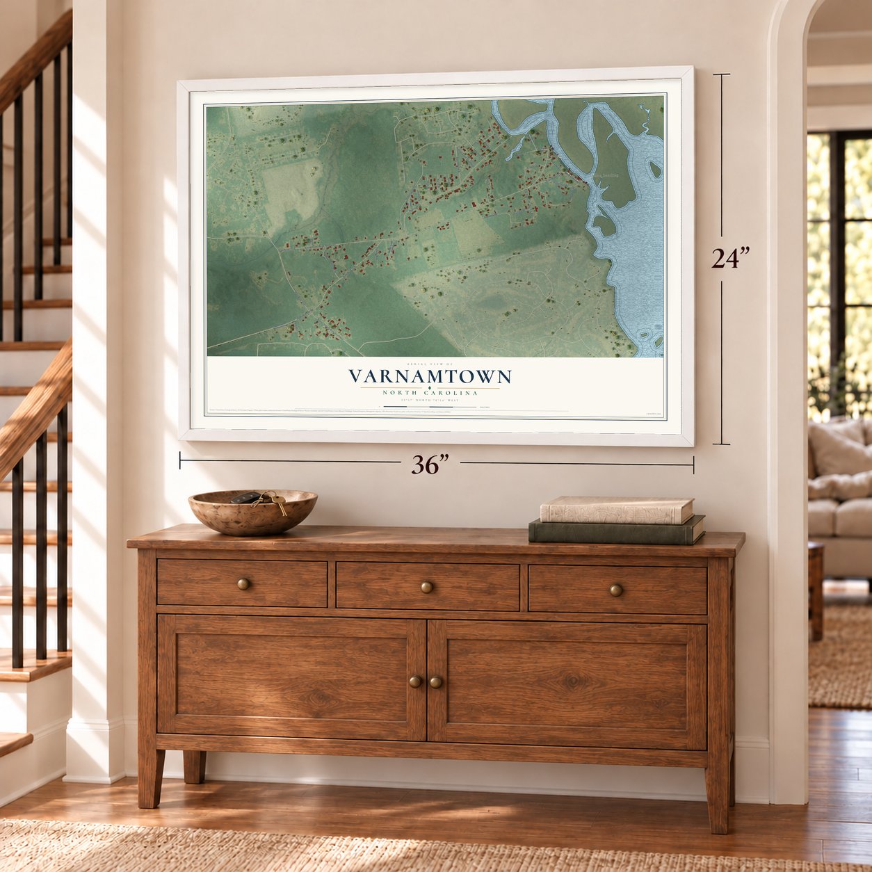 Varnamtown, North Carolina map, 24 x 36 inch print in a white frame above a dresser by a staircase