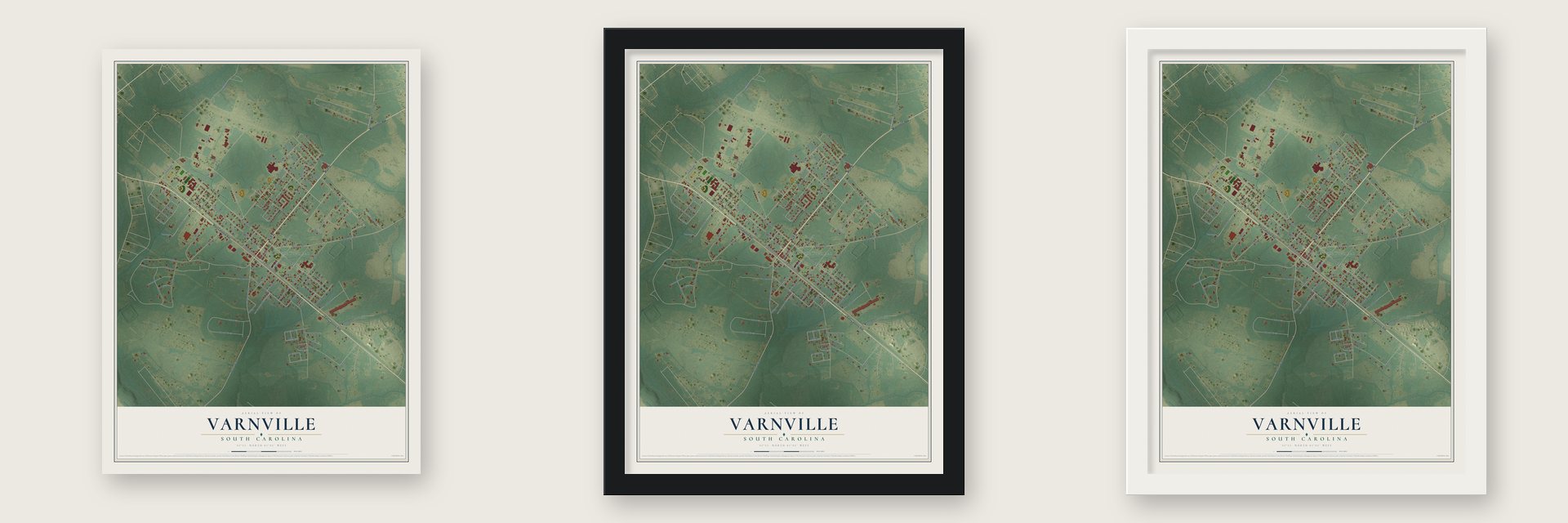 Varnville, South Carolina map unframed, in a black wood frame and in a white wood frame