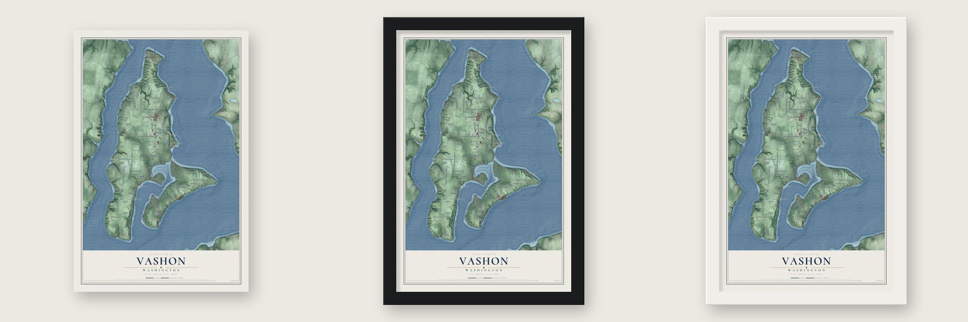 Vashon, Washington map unframed, in a black wood frame and in a white wood frame
