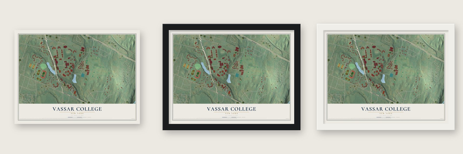 Vassar College, New York map unframed, in a black wood frame and in a white wood frame