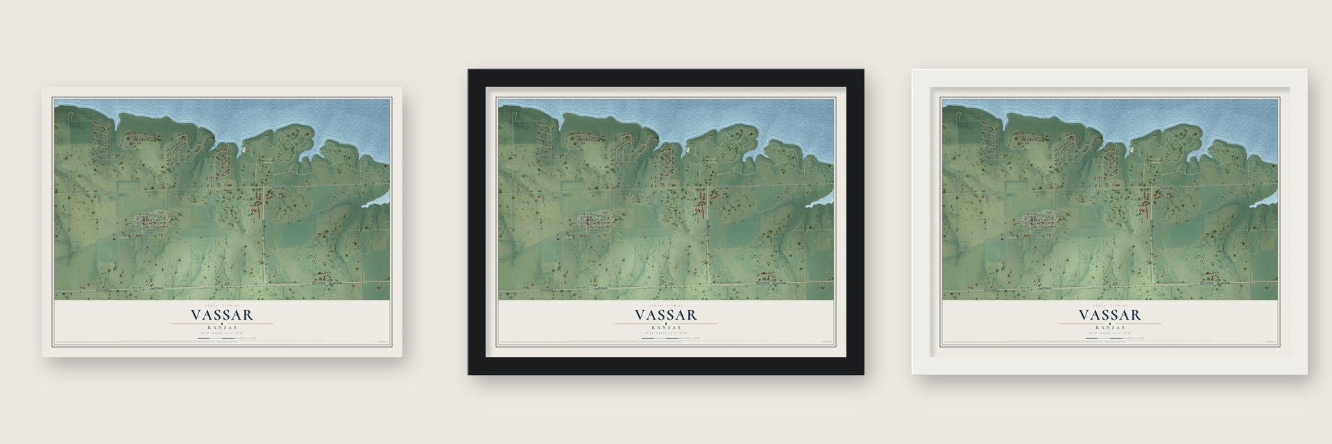 Vassar, Kansas map unframed, in a black wood frame and in a white wood frame