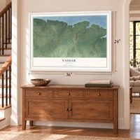 Vassar, Kansas map, 24 x 36 inch print in a white frame above a dresser by a staircase