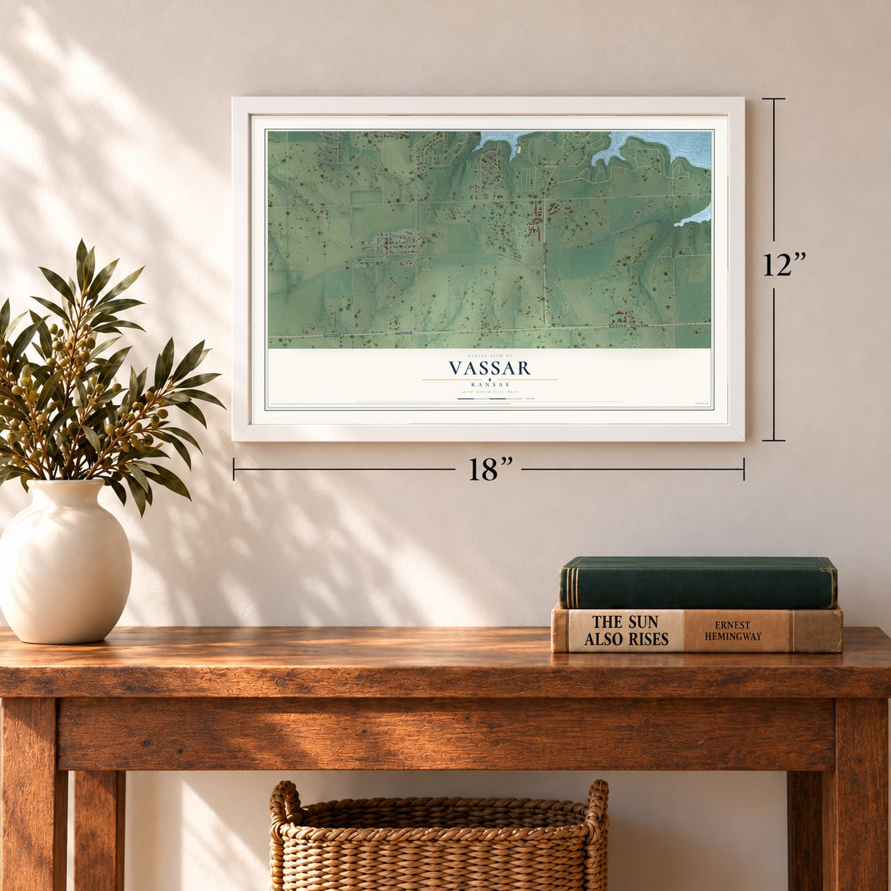Vassar, Kansas map, 12 x 18 inch print in a white frame in an entryway