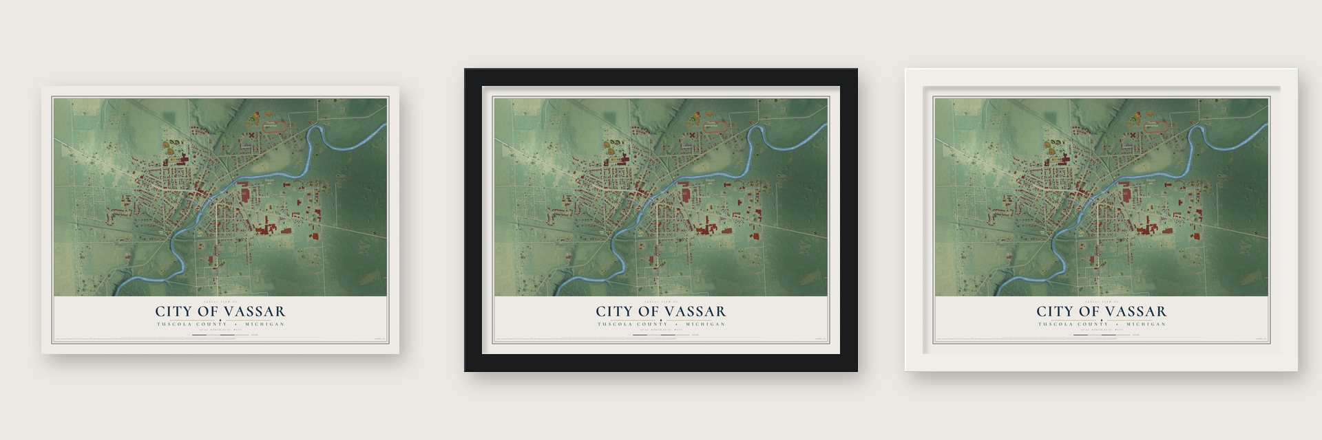 Vassar, Michigan map unframed, in a black wood frame and in a white wood frame