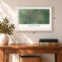 Vassar, Michigan map, 12 x 18 inch print in a white frame in an entryway
