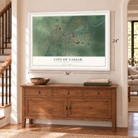 Vassar, Michigan map, 24 x 36 inch print in a white frame above a dresser by a staircase