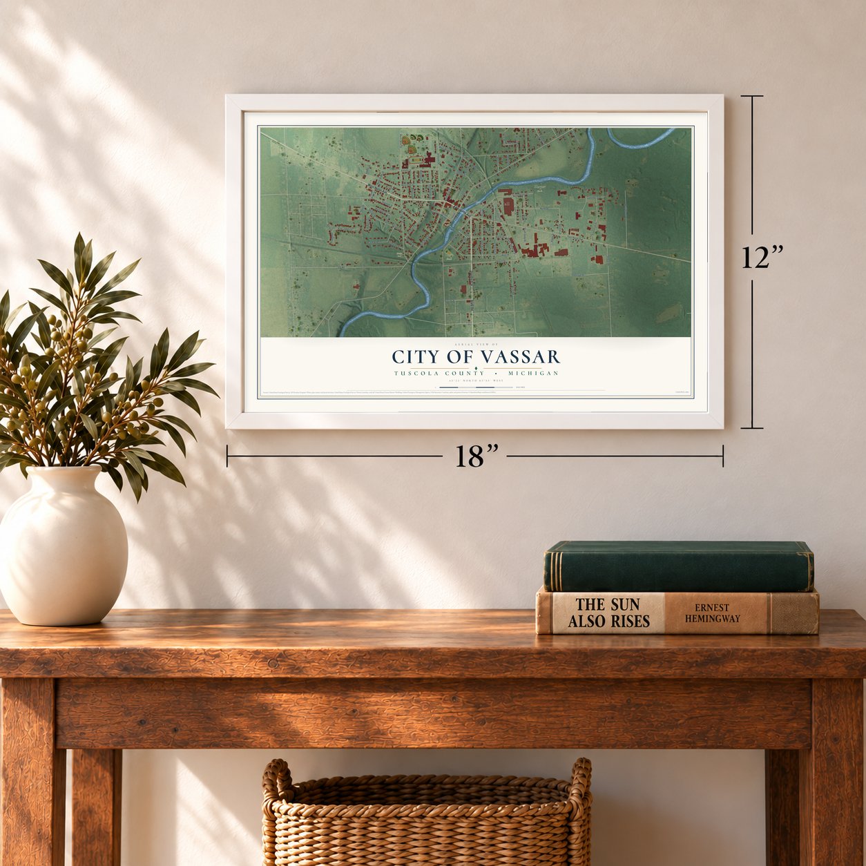 Vassar, Michigan map, 12 x 18 inch print in a white frame in an entryway