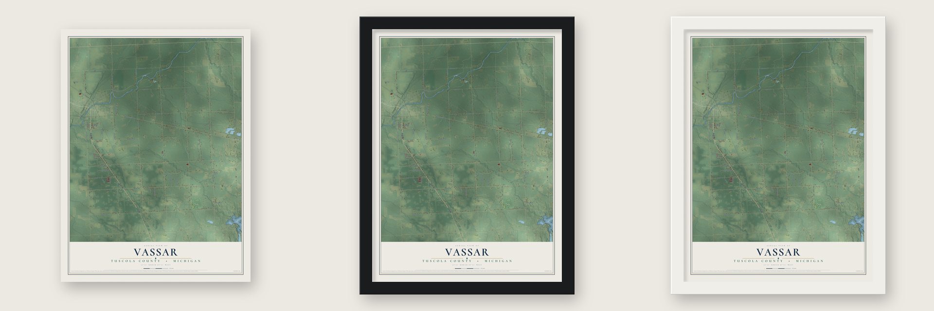 Vassar, Tuscola County, Michigan map unframed, in a black wood frame and in a white wood frame