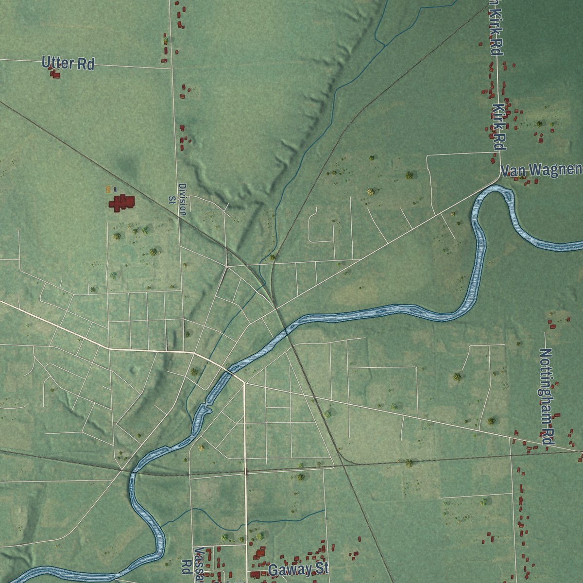 Second close-up of the map of Vassar, Tuscola County, Michigan print showing more streets and buildings