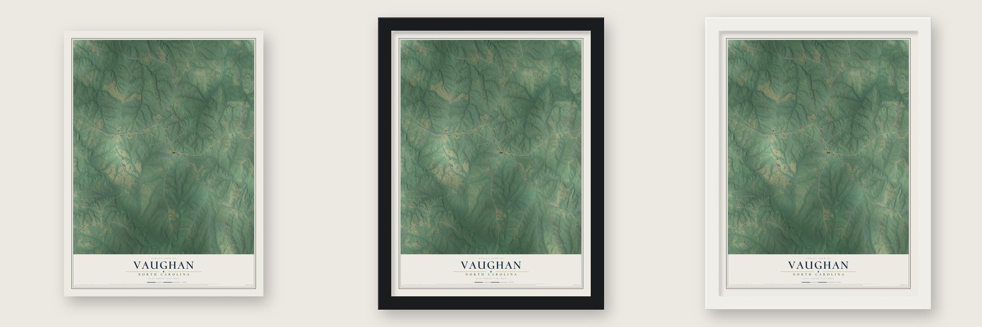Vaughan, North Carolina map unframed, in a black wood frame and in a white wood frame