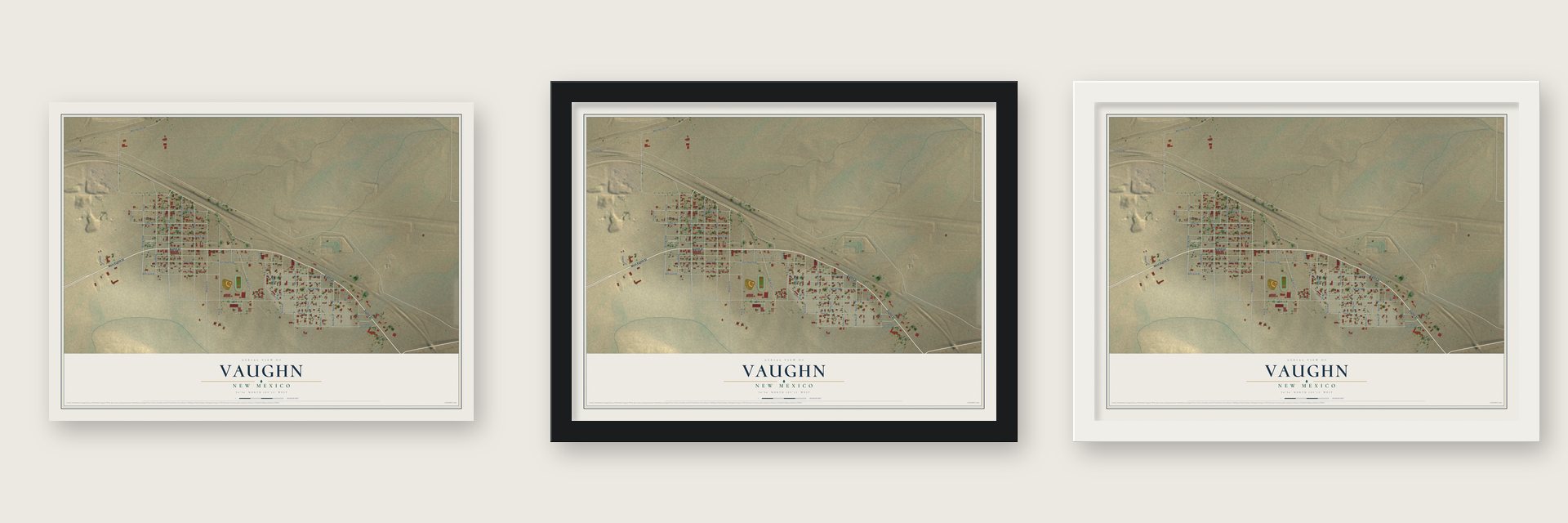 Vaughn, New Mexico map unframed, in a black wood frame and in a white wood frame
