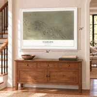 Vaughn, New Mexico map, 24 x 36 inch print in a white frame above a dresser by a staircase
