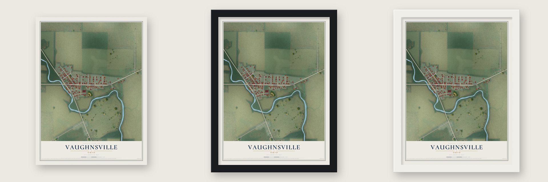 Vaughnsville, Ohio map unframed, in a black wood frame and in a white wood frame