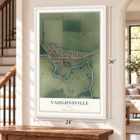 Vaughnsville, Ohio map, 24 x 36 inch print in a white frame by a staircase