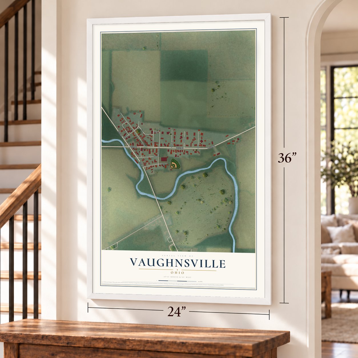 Vaughnsville, Ohio map, 24 x 36 inch print in a white frame by a staircase