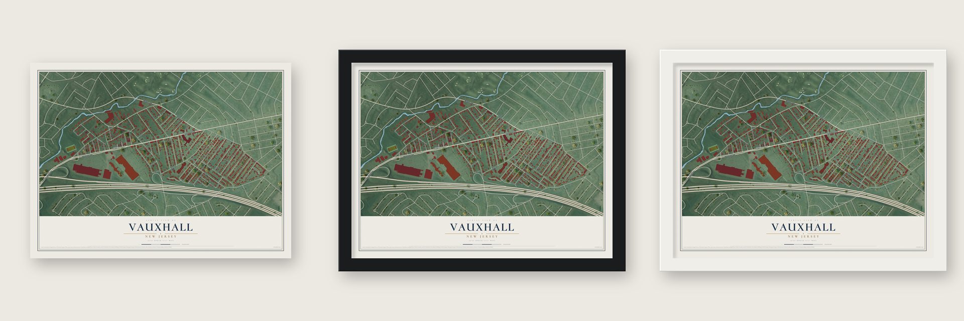 Vauxhall, New Jersey map unframed, in a black wood frame and in a white wood frame