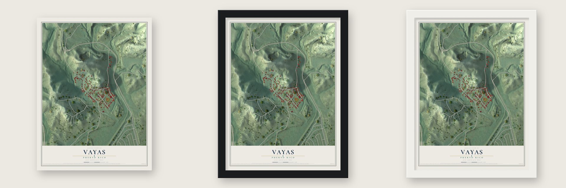 Vayas, Puerto Rico map unframed, in a black wood frame and in a white wood frame