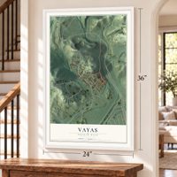 Vayas, Puerto Rico map, 24 x 36 inch print in a white frame by a staircase