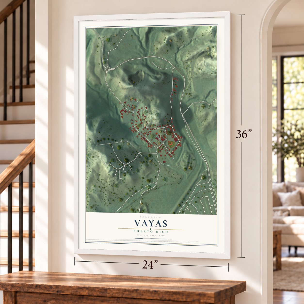 Vayas, Puerto Rico map, 24 x 36 inch print in a white frame by a staircase