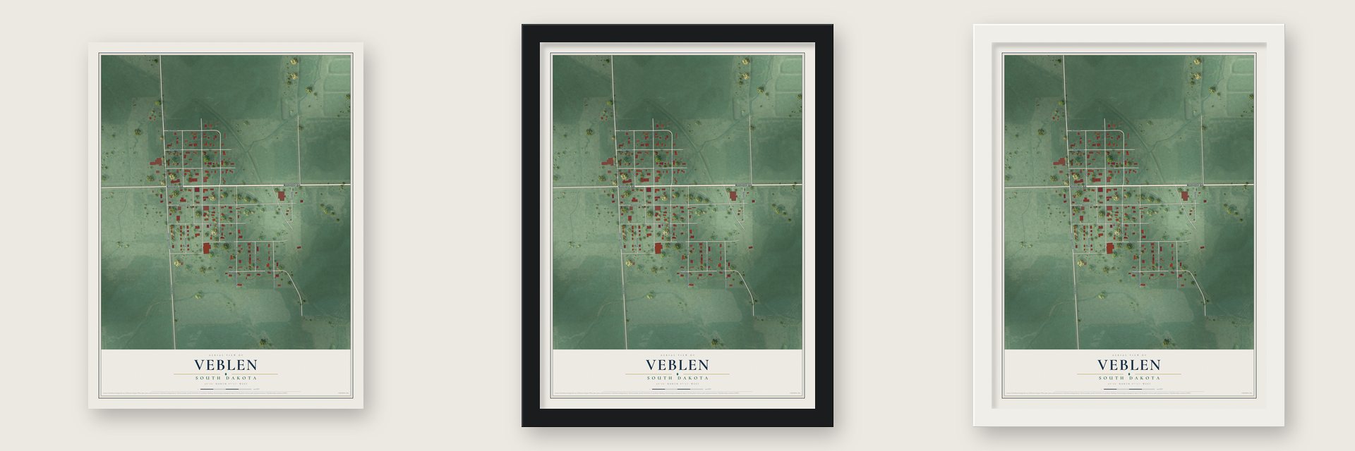 Veblen, South Dakota map unframed, in a black wood frame and in a white wood frame