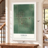 Veblen, South Dakota map, 24 x 36 inch print in a white frame by a staircase