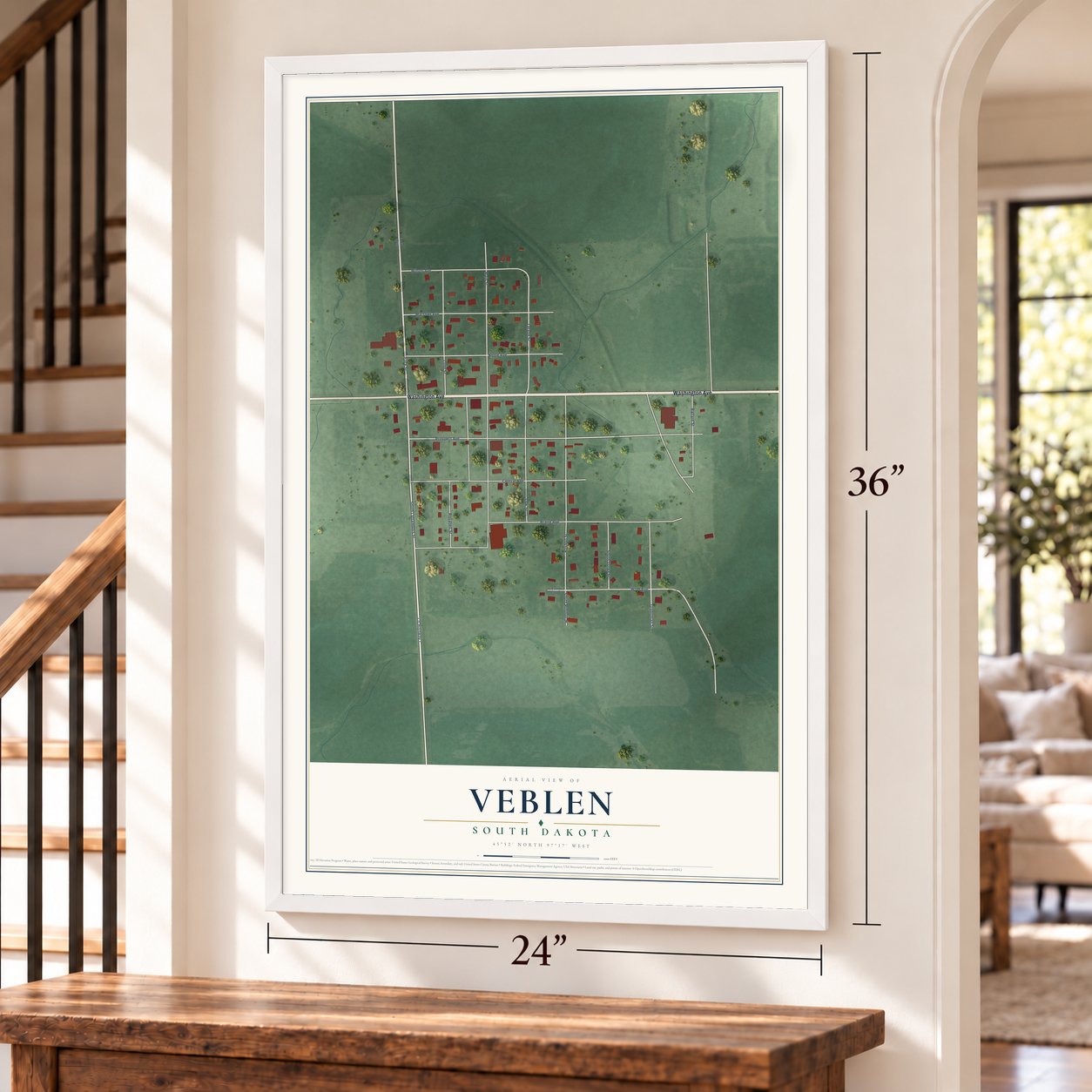 Veblen, South Dakota map, 24 x 36 inch print in a white frame by a staircase
