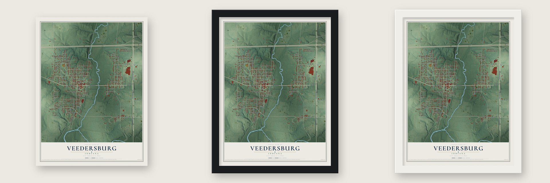 Veedersburg, Indiana map unframed, in a black wood frame and in a white wood frame