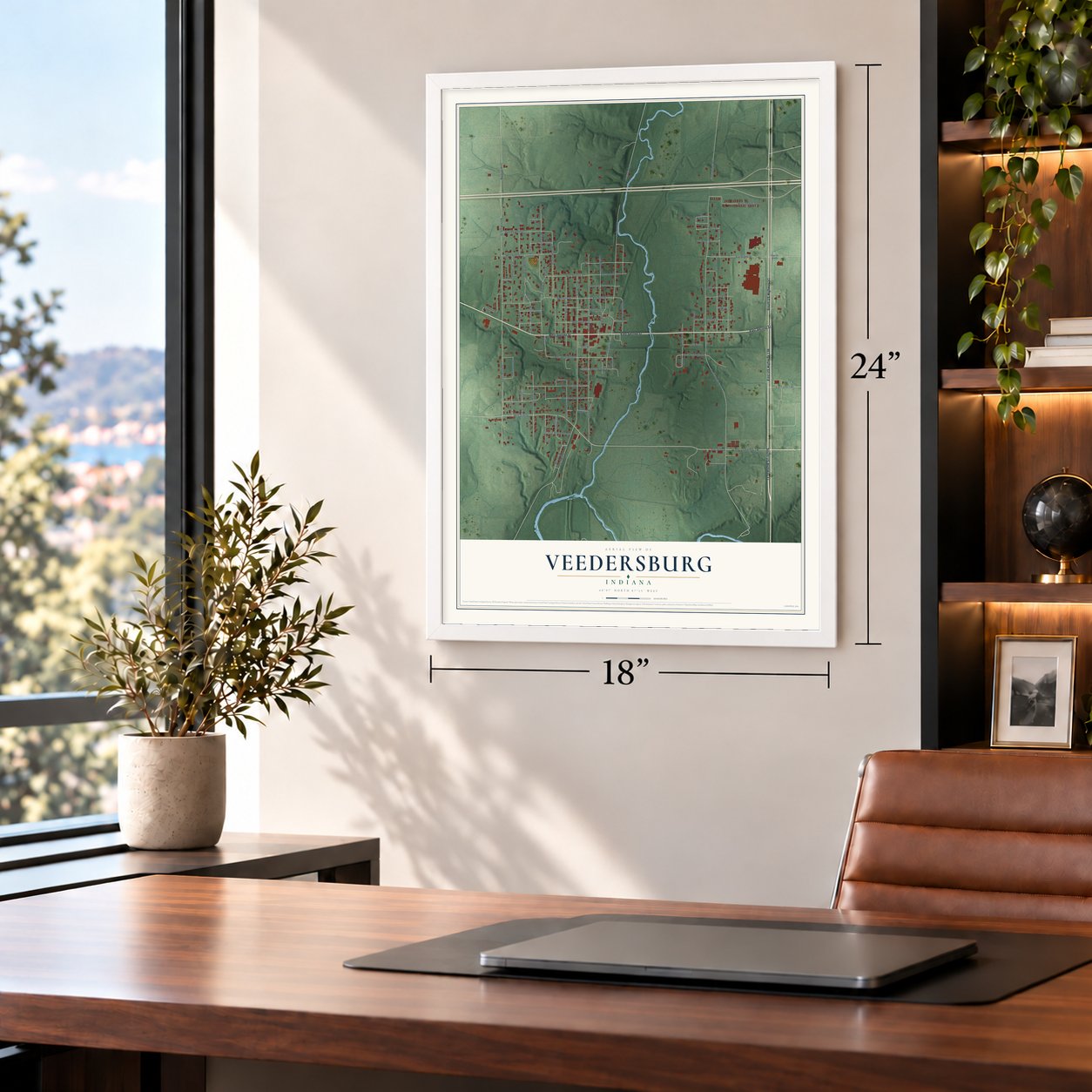 Veedersburg, Indiana map, 18 x 24 inch print in a white frame in a home office
