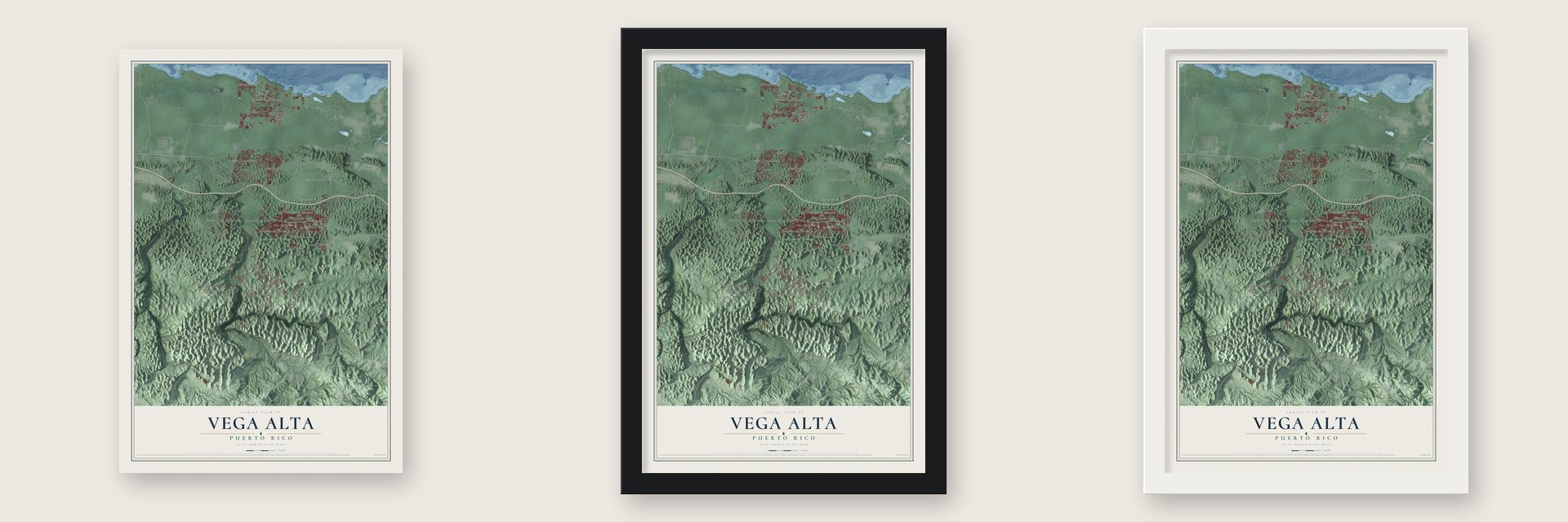 Vega Alta, Puerto Rico map unframed, in a black wood frame and in a white wood frame