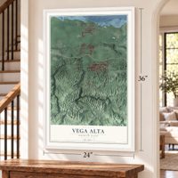 Vega Alta, Puerto Rico map, 24 x 36 inch print in a white frame by a staircase