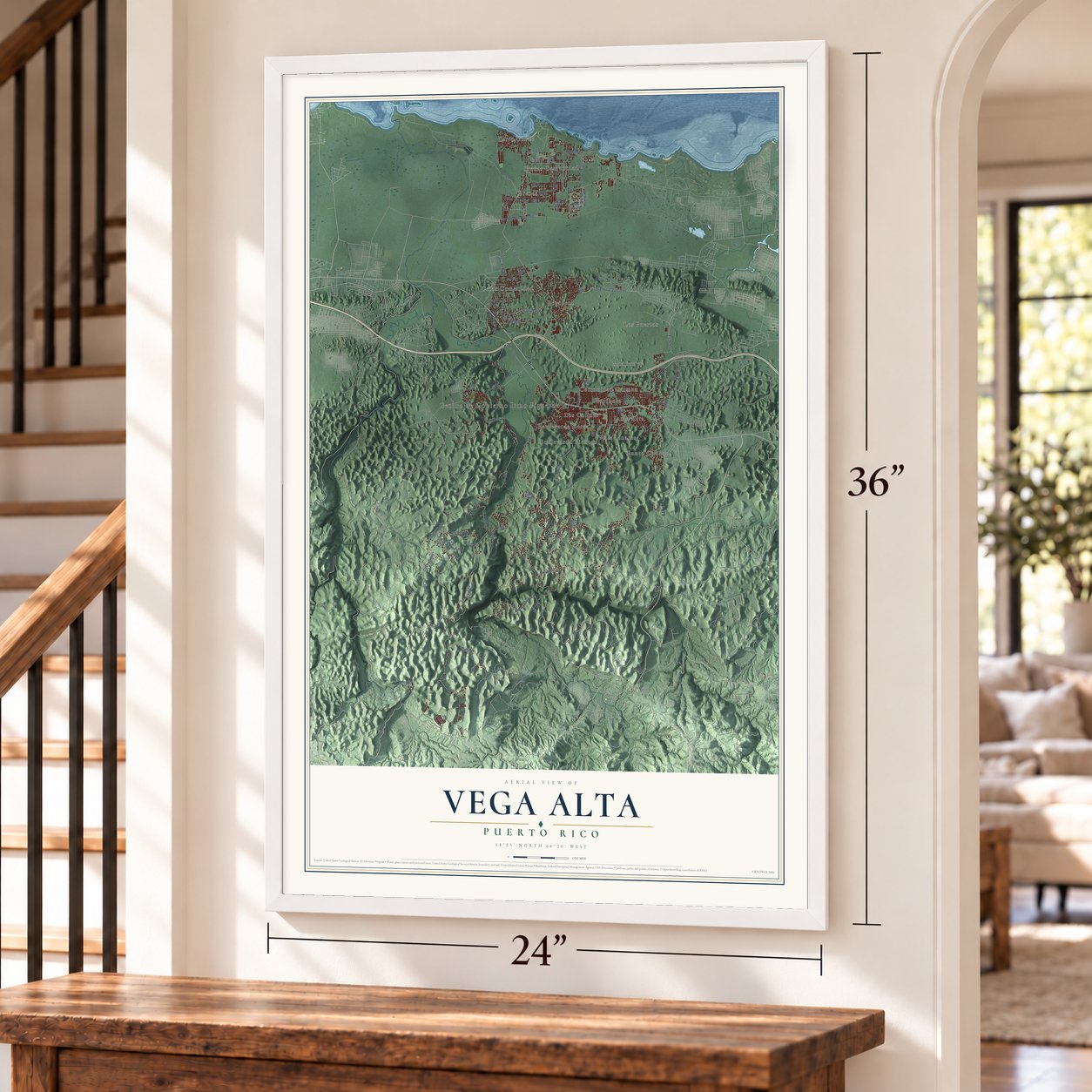 Vega Alta, Puerto Rico map, 24 x 36 inch print in a white frame by a staircase