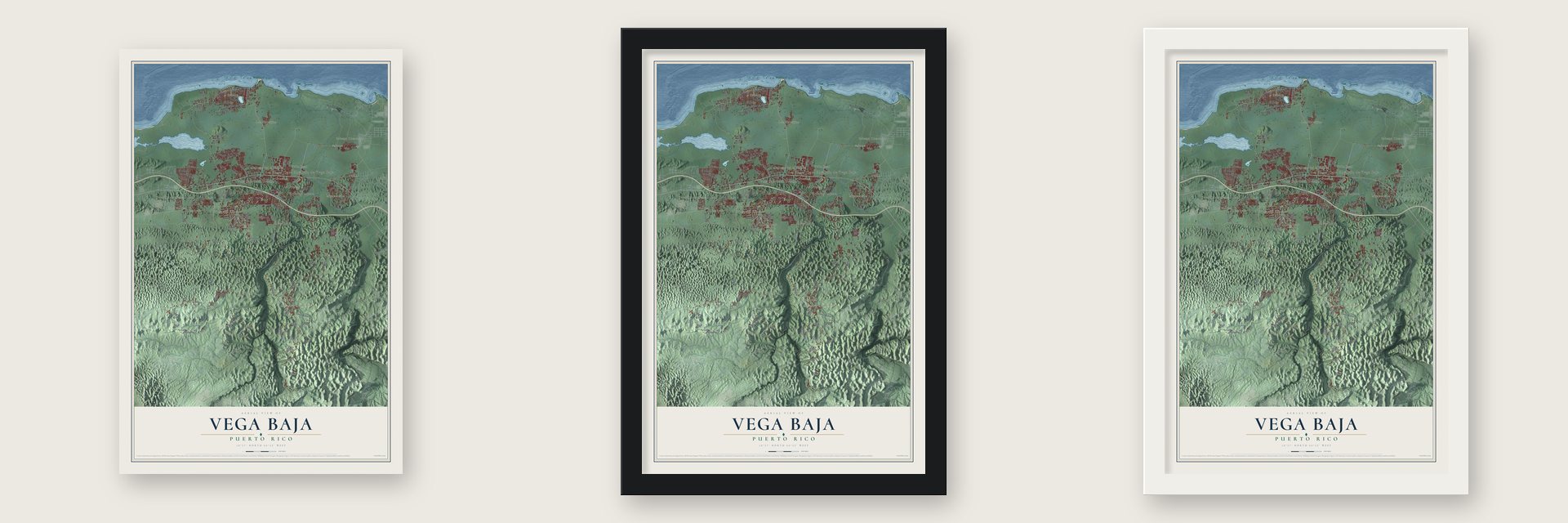 Vega Baja, Puerto Rico map unframed, in a black wood frame and in a white wood frame
