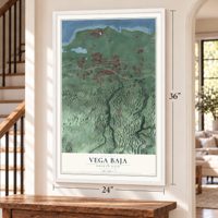 Vega Baja, Puerto Rico map, 24 x 36 inch print in a white frame by a staircase