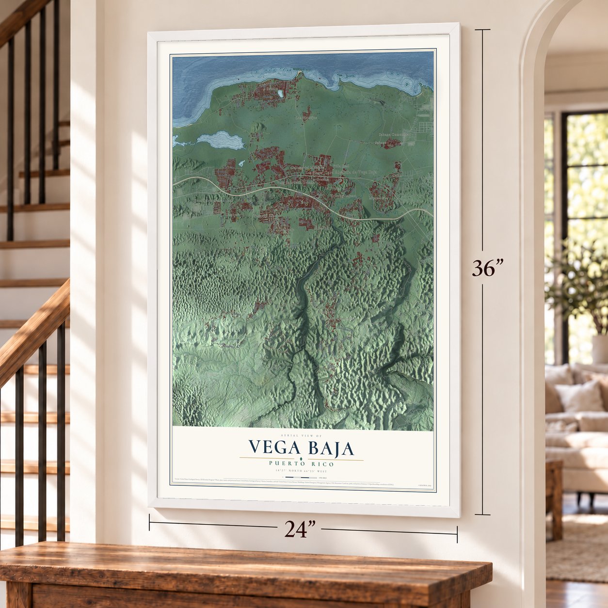 Vega Baja, Puerto Rico map, 24 x 36 inch print in a white frame by a staircase