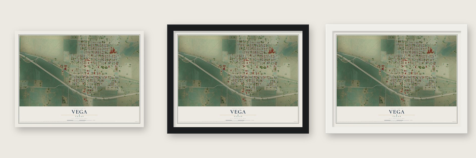 Vega, Texas map unframed, in a black wood frame and in a white wood frame