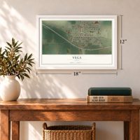 Vega, Texas map, 12 x 18 inch print in a white frame in an entryway