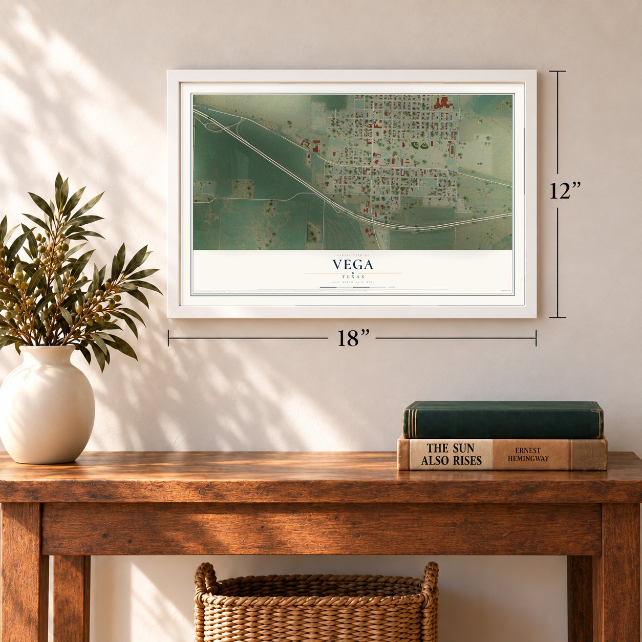Vega, Texas map, 12 x 18 inch print in a white frame in an entryway