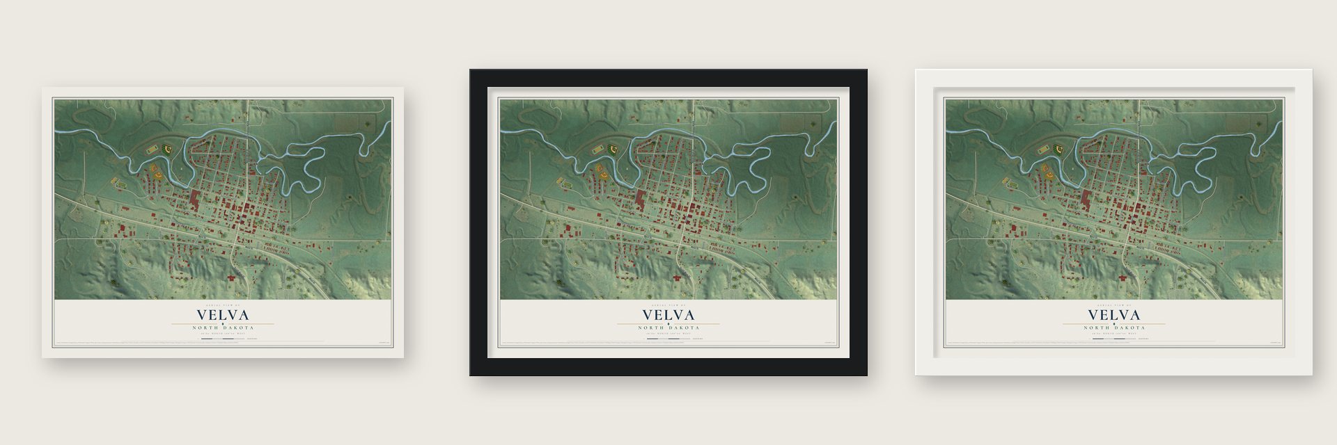 Velva, North Dakota map unframed, in a black wood frame and in a white wood frame
