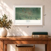 Velva, North Dakota map, 12 x 18 inch print in a white frame in an entryway