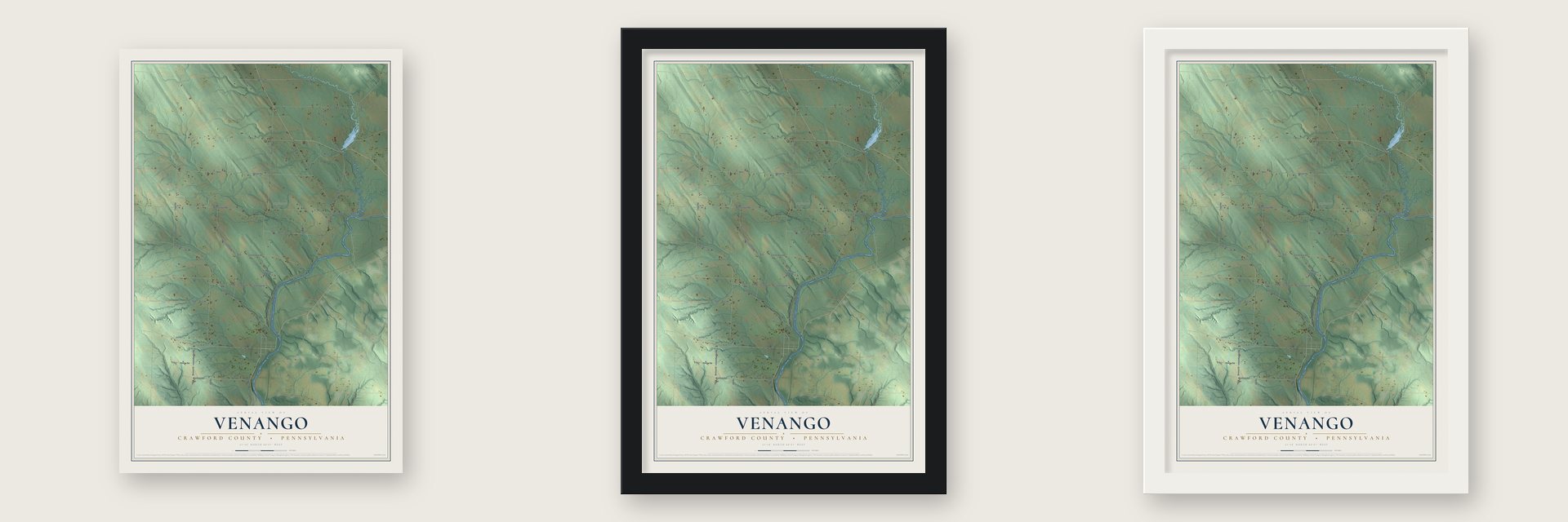 Venango, Crawford County, Pennsylvania map unframed, in a black wood frame and in a white wood frame